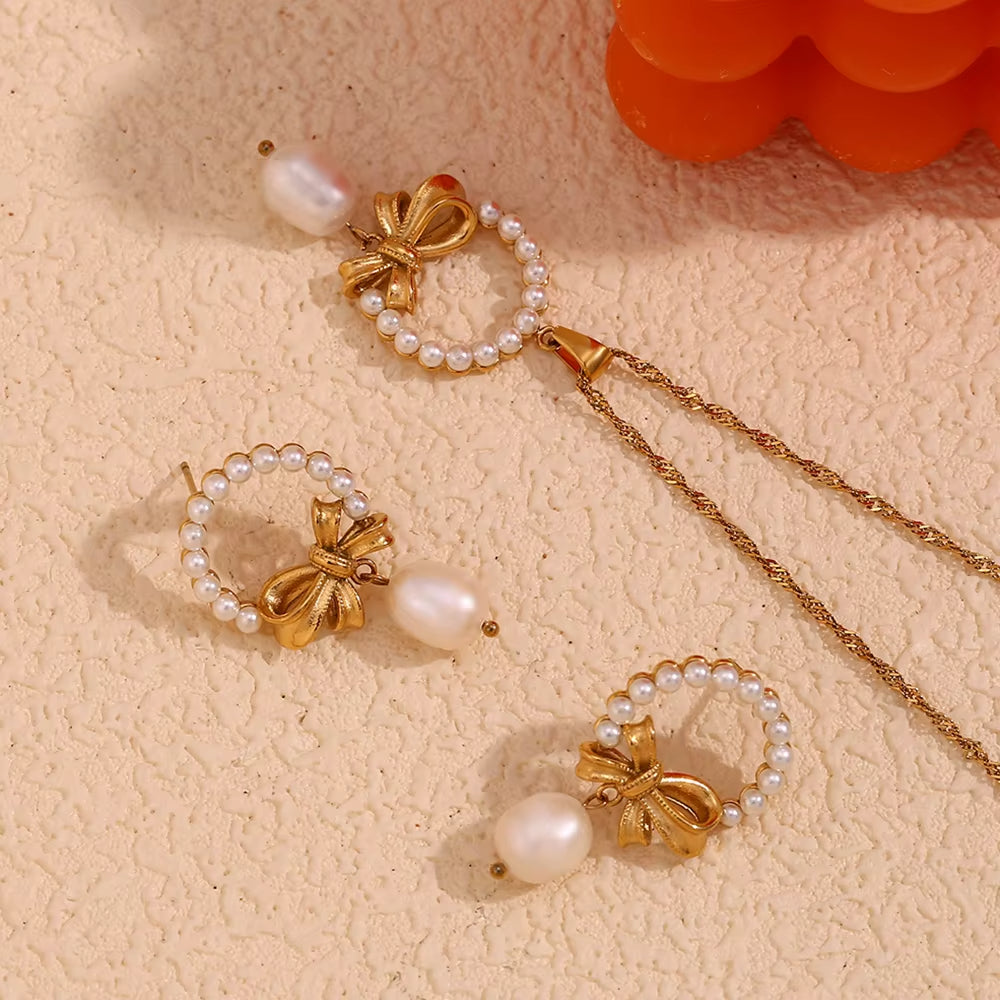 Tassel Pearl Bow Earrings Pendant Jewelry Set