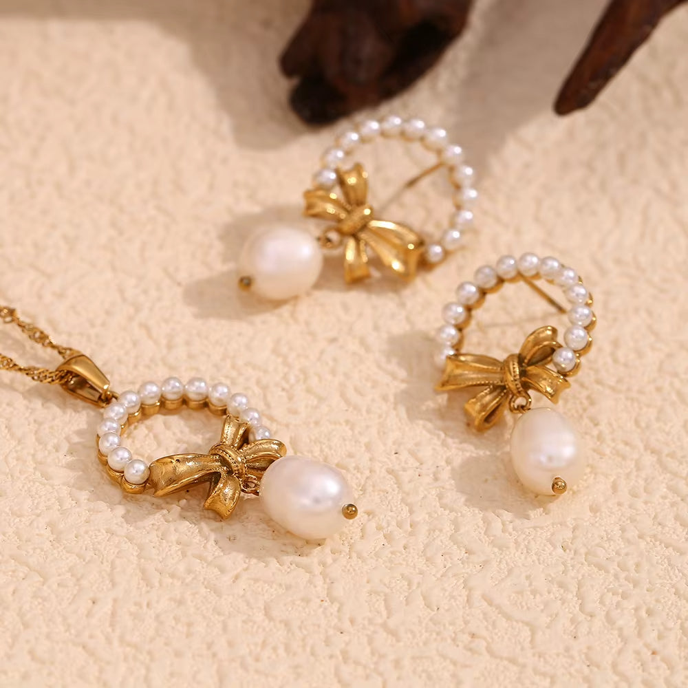 Tassel Pearl Bow Earrings Pendant Jewelry Set